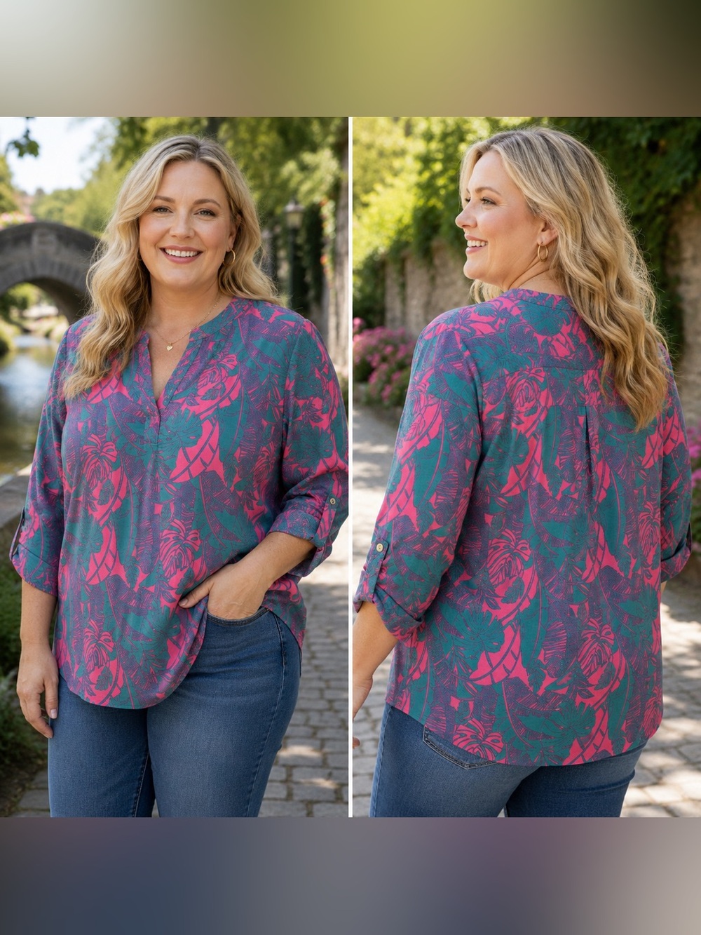 🆕 Turquoise Pink Split Neck Roll Tab Blouse Plus Size XL 2X 3X NWT